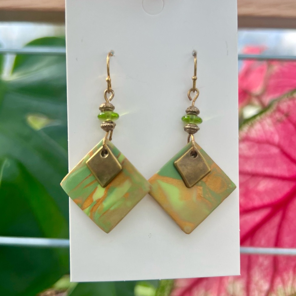 Handmade Polymer Clay Earrings with Beads Green Orange